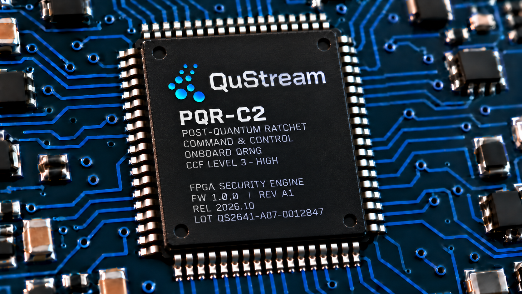 Illustrative QuStream PQR-C2 FPGA security platform concept on a circuit board, shown straight on